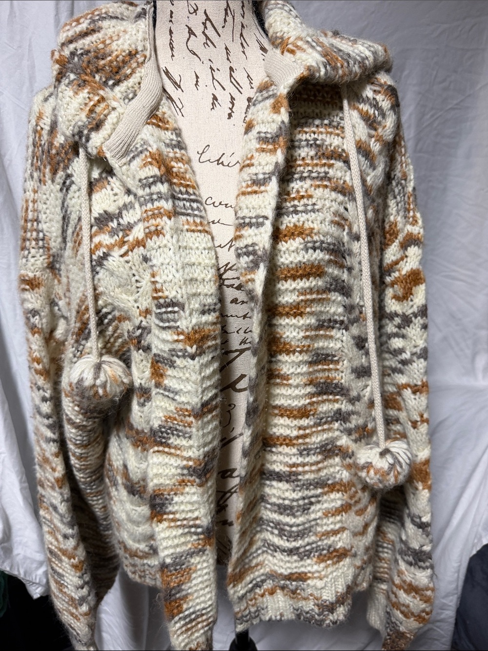 Rock & Roll Denim Chunky Knit Pom Pom Hooded Cardigan Sweater XL Boho Western